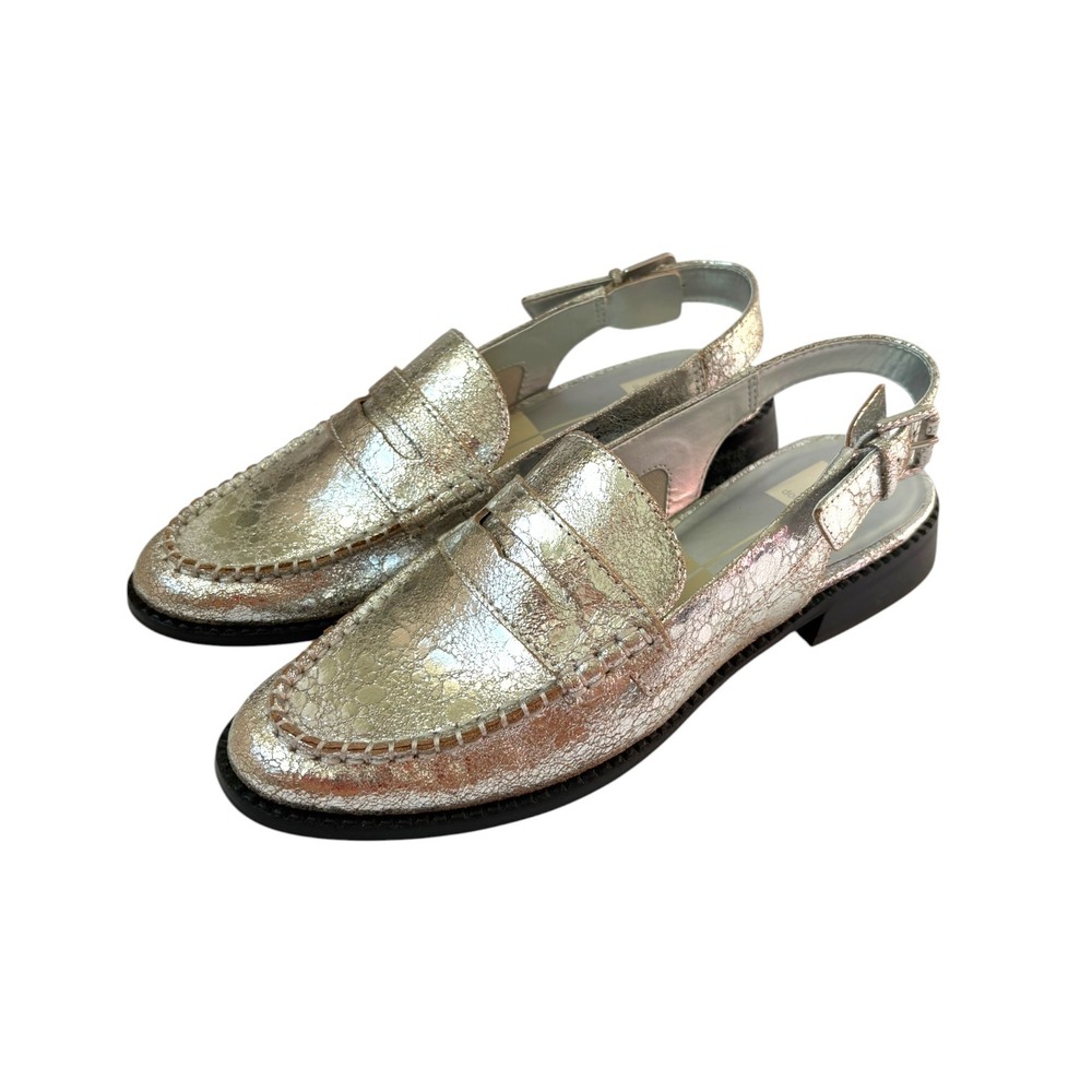 Dolce Vita Silver Metallic Crackled Leather Slingback Penny Loafers Size 9 NWOB